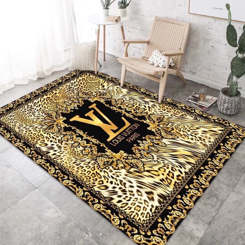 Leopard and Ornamental Area Rug - Black and Gold - Design 03