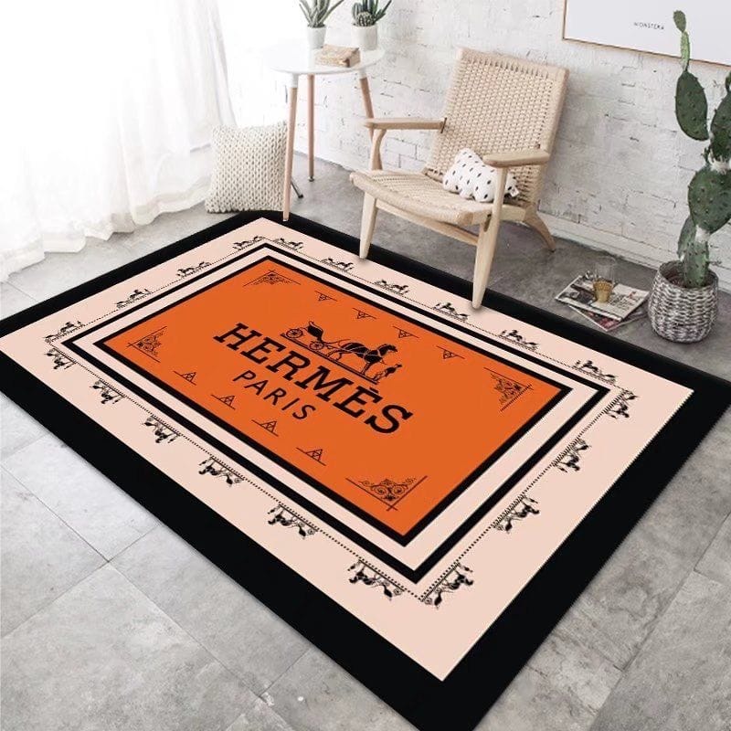 Carriage Graphic Area Rug - Orange and Beige - Design 06