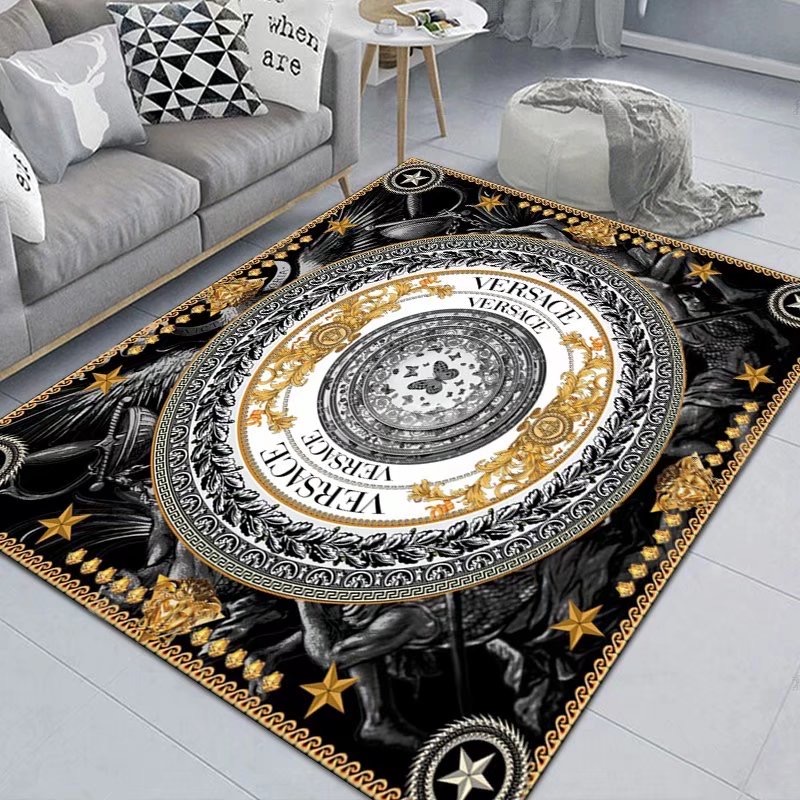 Circular Medallion Area Rug - Black White and Gold - Design 05