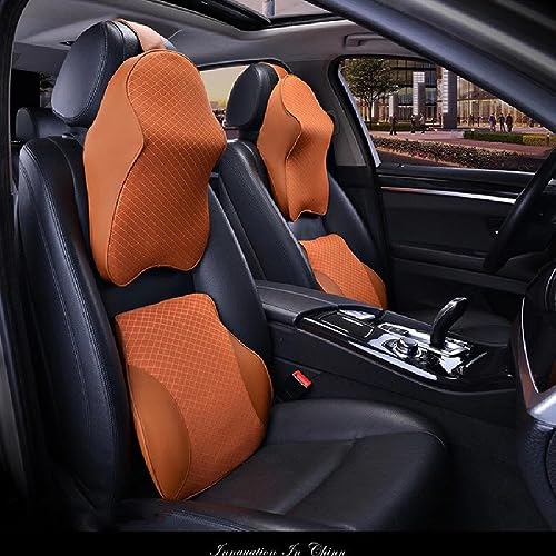 GOLDEN HOME Lumbar Support Back Cushion Headrest Set Neck Pillow Kit with Memory Foam Gel Comfortable Relieve Back Sciatica Tailbone Pain for Car Office Chair Home (Brown-1)