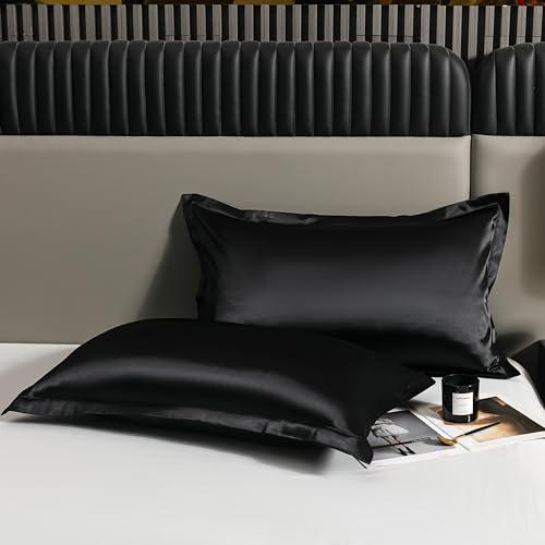 Golden Home Luxurious Mulberry Silk Pillowcase for Restful Beauty Sleep - Hypoallergenic & Smooth Satin Finish- Standard Size 50x75cm, 2pc (Standard, Black)