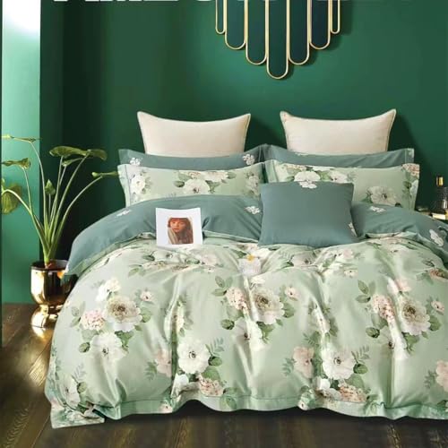 Floral 100% Cotton Duvet Cover Set, King Size 220x240cm, Sage Green with White Flowers, Elegant Bedding Collection
