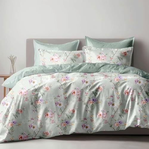 Floral Cotton Duvet Cover Set, 220x240cm, King Size, Mint Green with Pink and Purple Blossoms