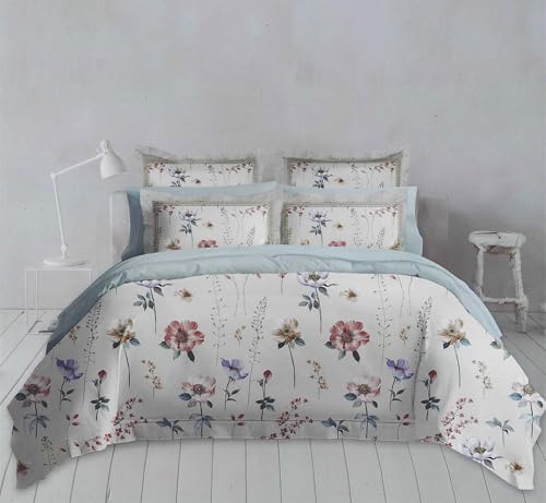 GOLDEN HOME King Size Floral Duvet Cover Set, 100% Cotton, 220x240cm, 6-Piece Bedding Set with 4 Pillowcases, Sage Green